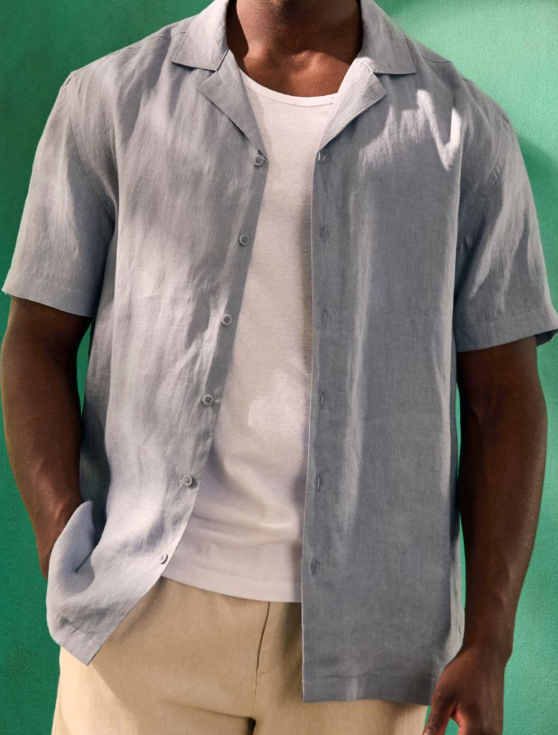 Camisa de hombre, ropa de vacaciones de verano náutica de algodón muselina orgánica