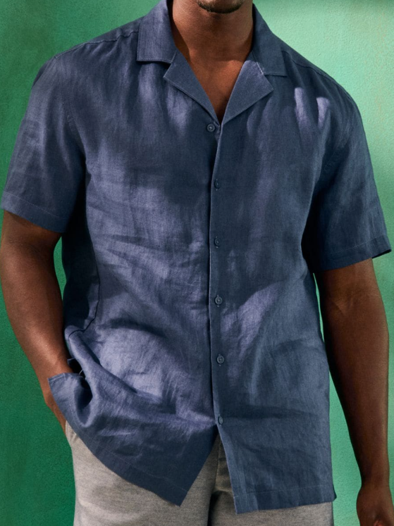 Camisa de hombre, ropa de vacaciones de verano náutica de algodón muselina orgánica