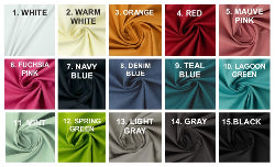 White, Warm white, orange, Red, Mauve pink, fuchsia pink, navy blue, denim blue, teal blue, lagoon green, mint, spring green, light gray and black canvas cotton fabric eco-friendly options for bags, clothing, and accessories. "