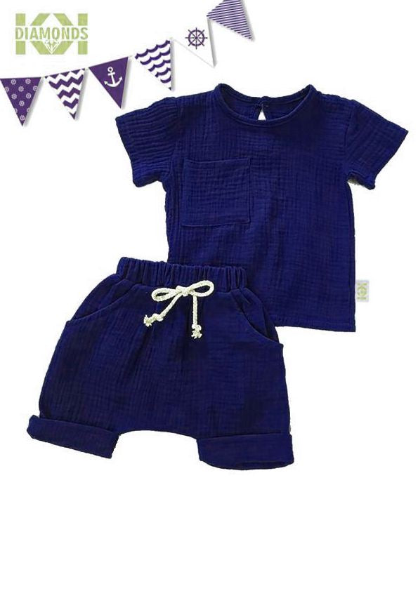 Ensemble nautique biologique, ensemble short et chemise en mousseline de coton double gaze écologique