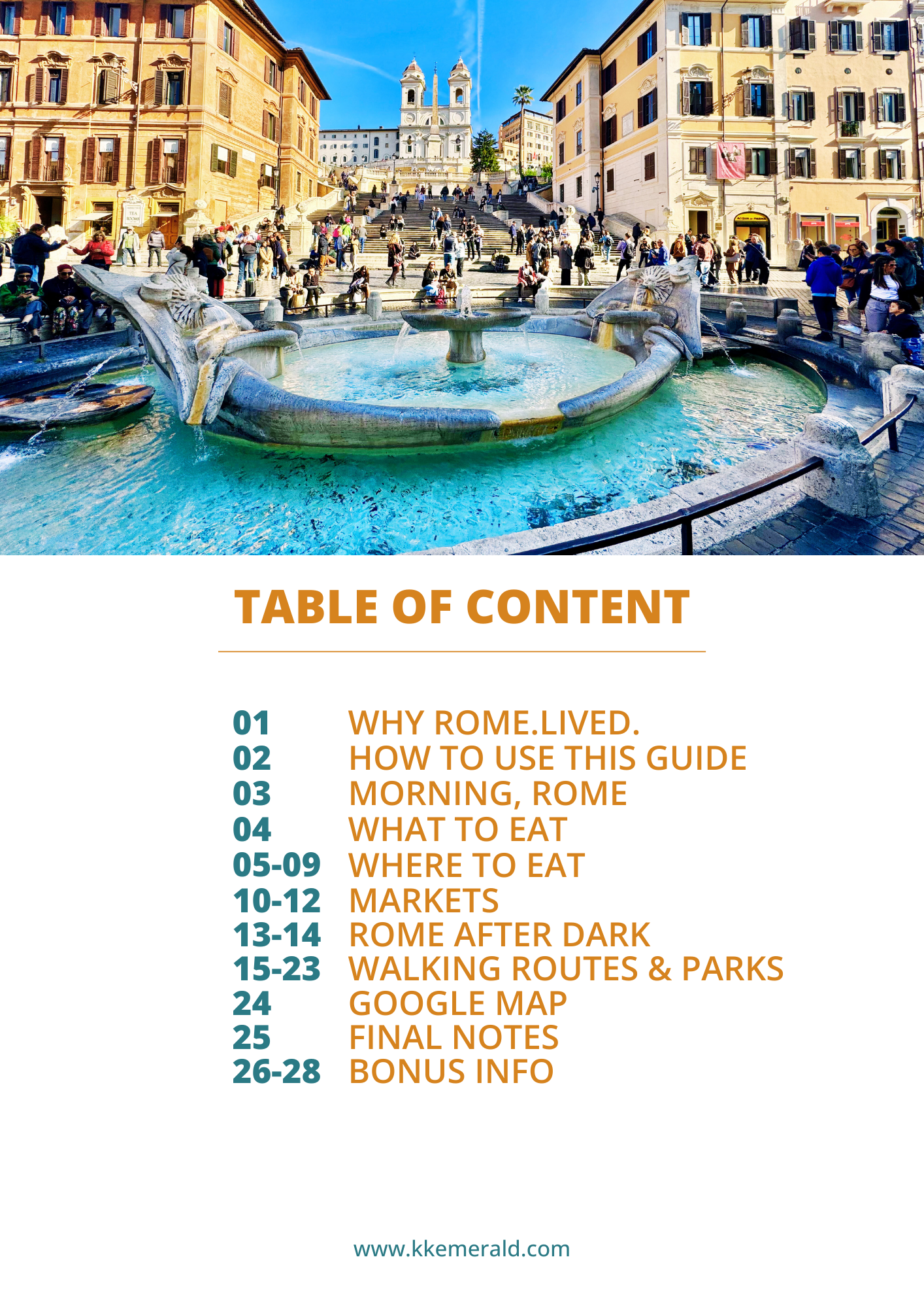 Spanish steps Famous fountain in a European city Rome with a table of content overlay.