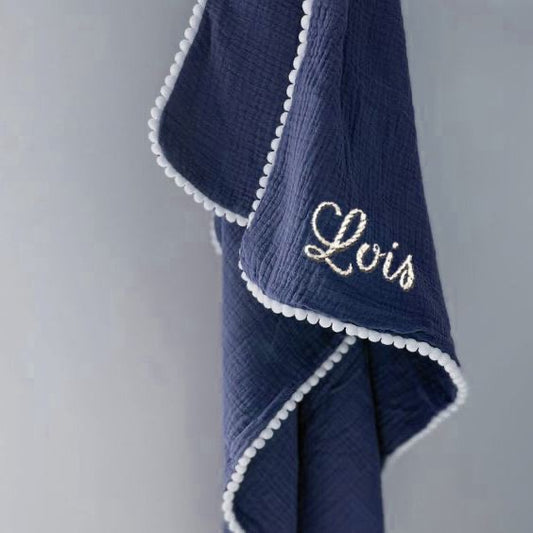 Bebé recién nacido personalizado bordado a mano que recibe manta Swaddle Pom Pom l algodón de muselina orgánico y ecológico
