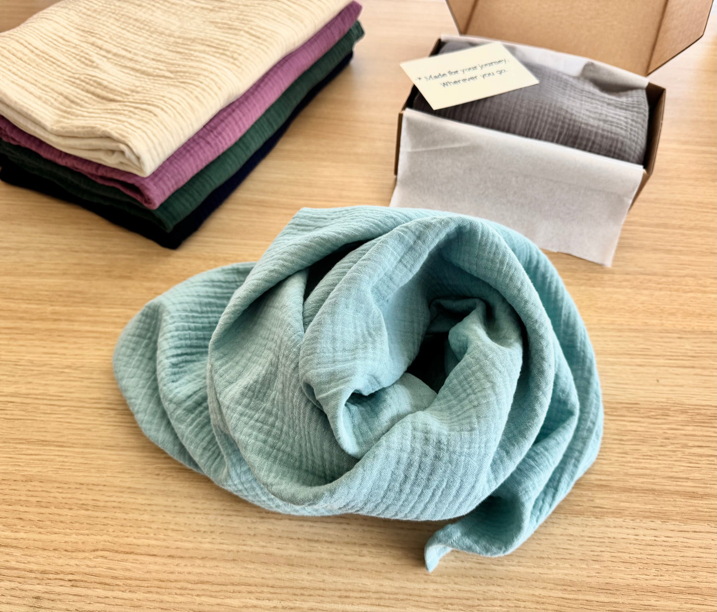 The Journey Wrap | Coastal Mist | Lightweight Travel Wrap, Muslin Cotton Scarf Blanket