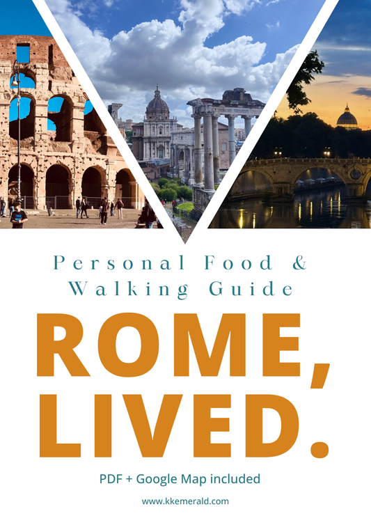 Collage of Roman architecture with 'Rome, Lived' guidebook cover.