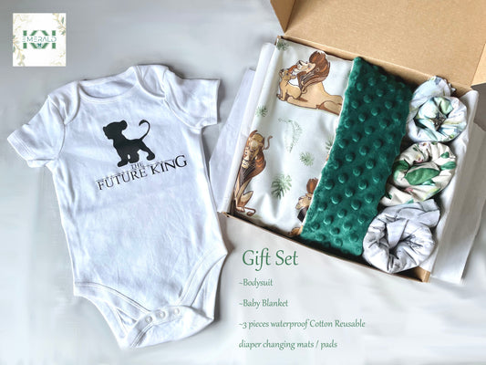 Coffret cadeau Body bébé Lion le futur roi avec couverture Minky assortie l Draps de lit imperméables Coffret cadeau baby shower en boîte