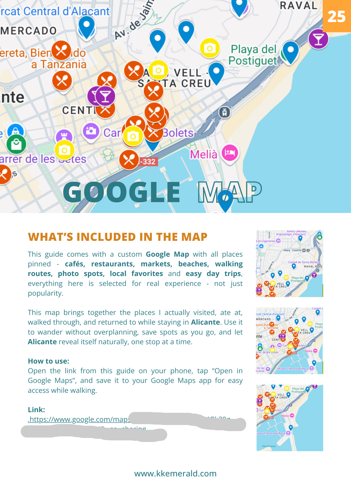 Google Map of a coastal area with various markers and a guide text overlay.