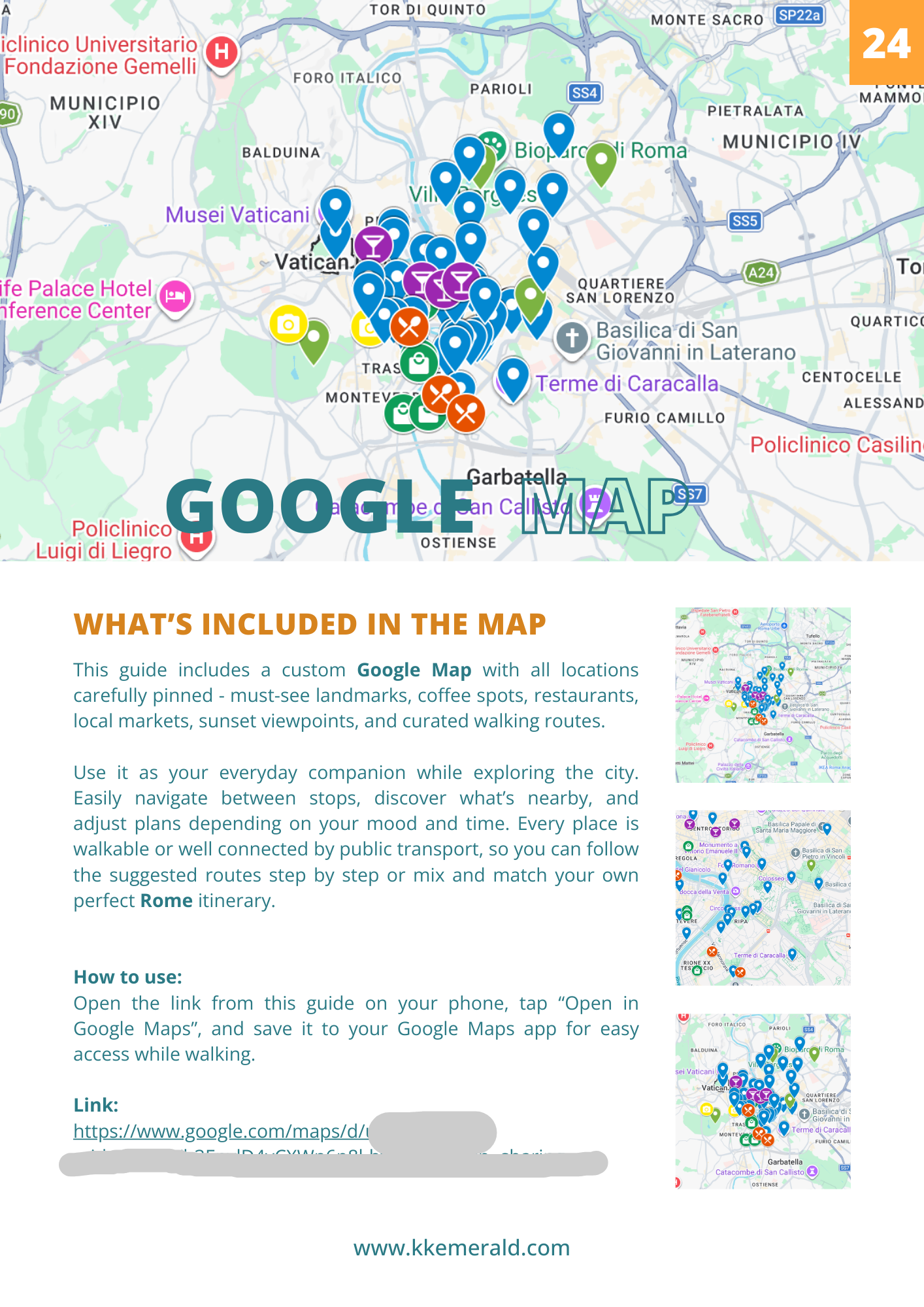 Google Maps promotional graphic with colorful markers on a map of Rome, including text about the map's features and usage.