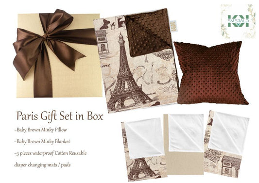 Coffret cadeau Paris Couverture avec oreiller assorti et draps de lit imperméables, Coffret cadeau Essentials de voyage pour nouveau-né Baby Shower New Parents dans une boîte