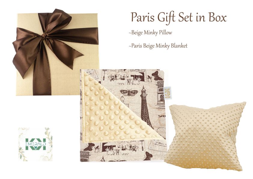 Coffret cadeau Couverture Paris avec oreiller assorti, taille bébé I enfant I tout-petit I ado I adulte Couverture Minky beige ou marron cadeau dans une boîte