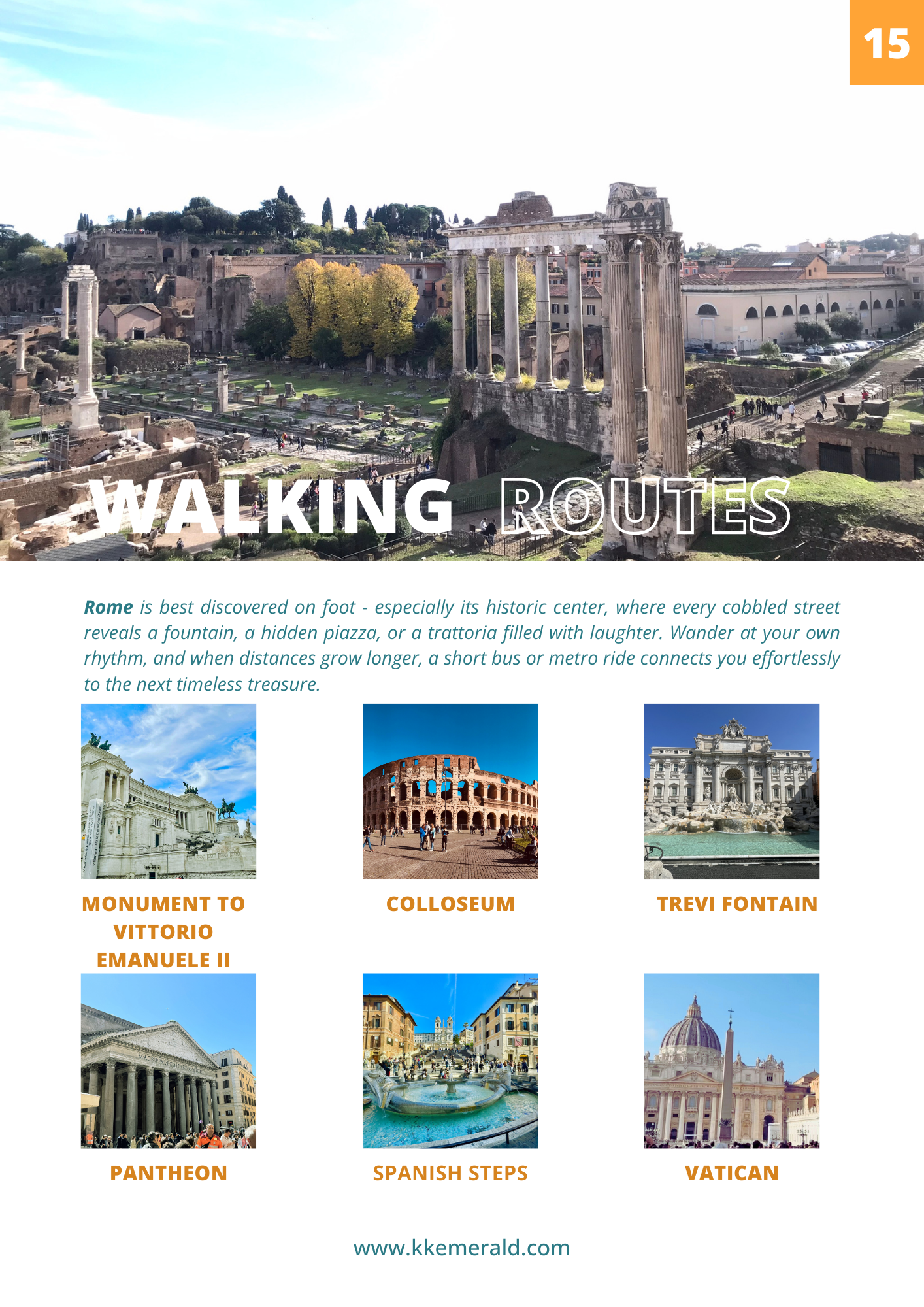 Walking routes guide for Rome with historical landmarks and a scenic view of Roman Forum.