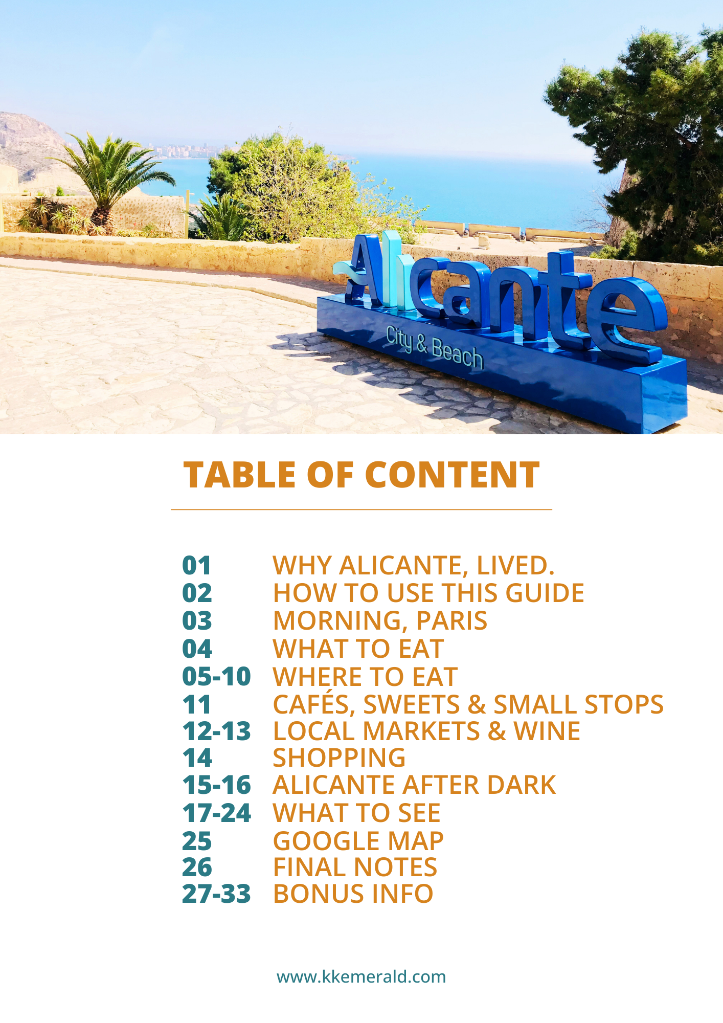 Blue 'Alicante' sign with ocean view and table of content overlay