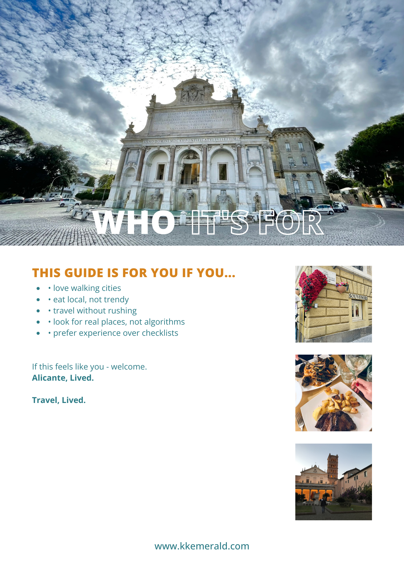 Rome travel guide for travel experiences with images of a fontain building and scenic views.